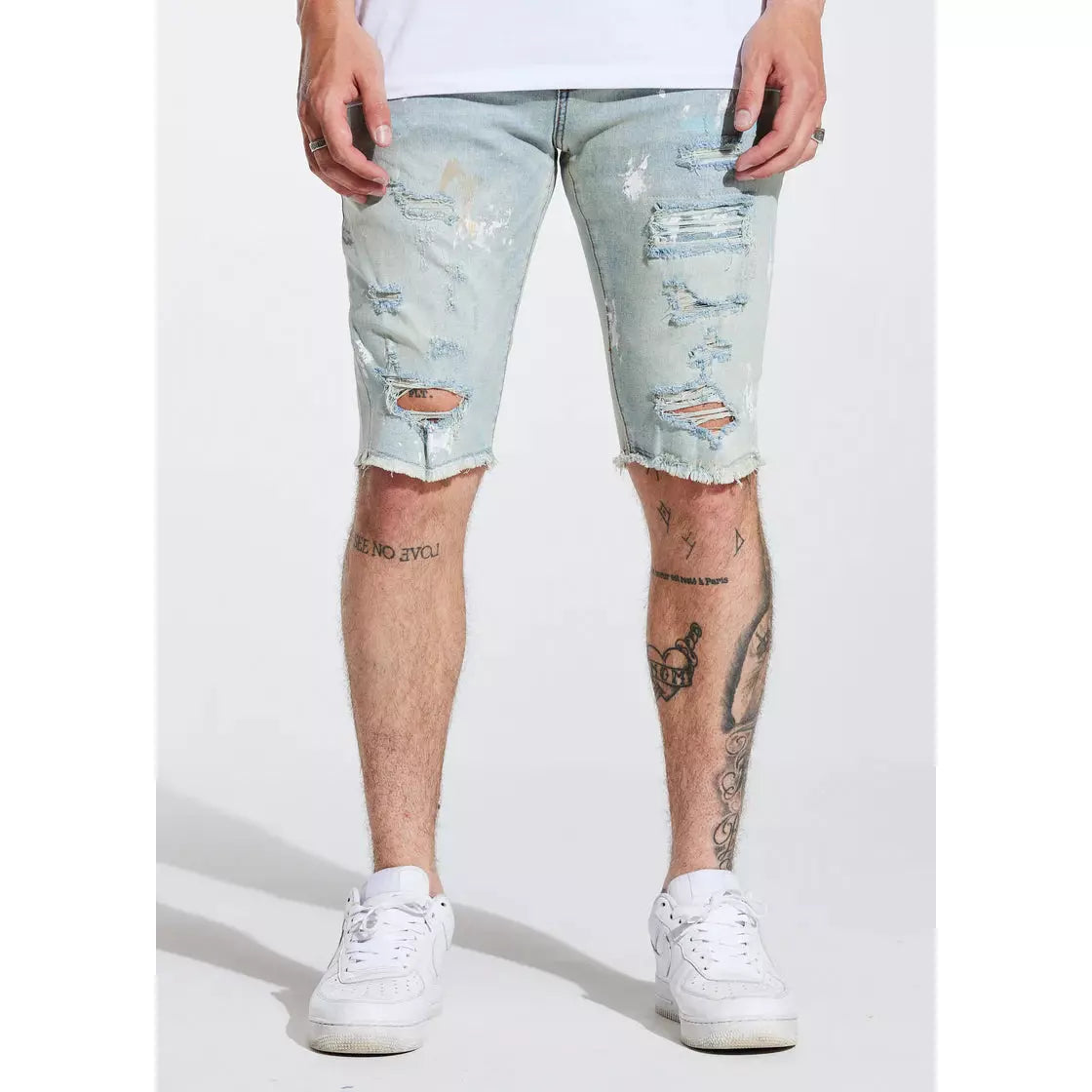 Crysp Denim Blue Paint Philips Shorts front view with folded cuffs and distressed details