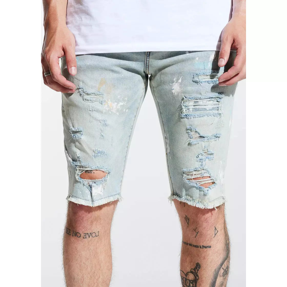 CryspSP221-105 denim shorts with a paint-splattered design and frayed hem