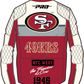 Pro Standard San Francisco 49ers men's jacket showcasing classic moto style in eggshell and red colors