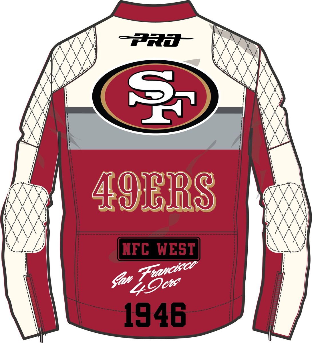 Pro Standard San Francisco 49ers men's jacket showcasing classic moto style in eggshell and red colors