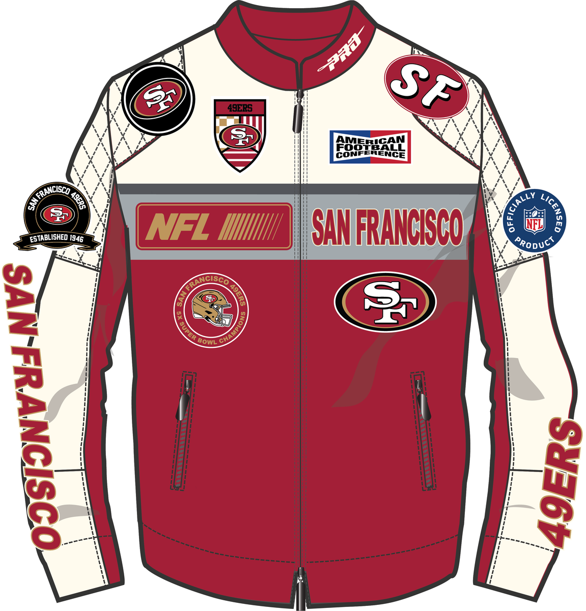Men's San Francisco 49ers Moto Jacket in eggshell and red with detailed stitching and team insignia