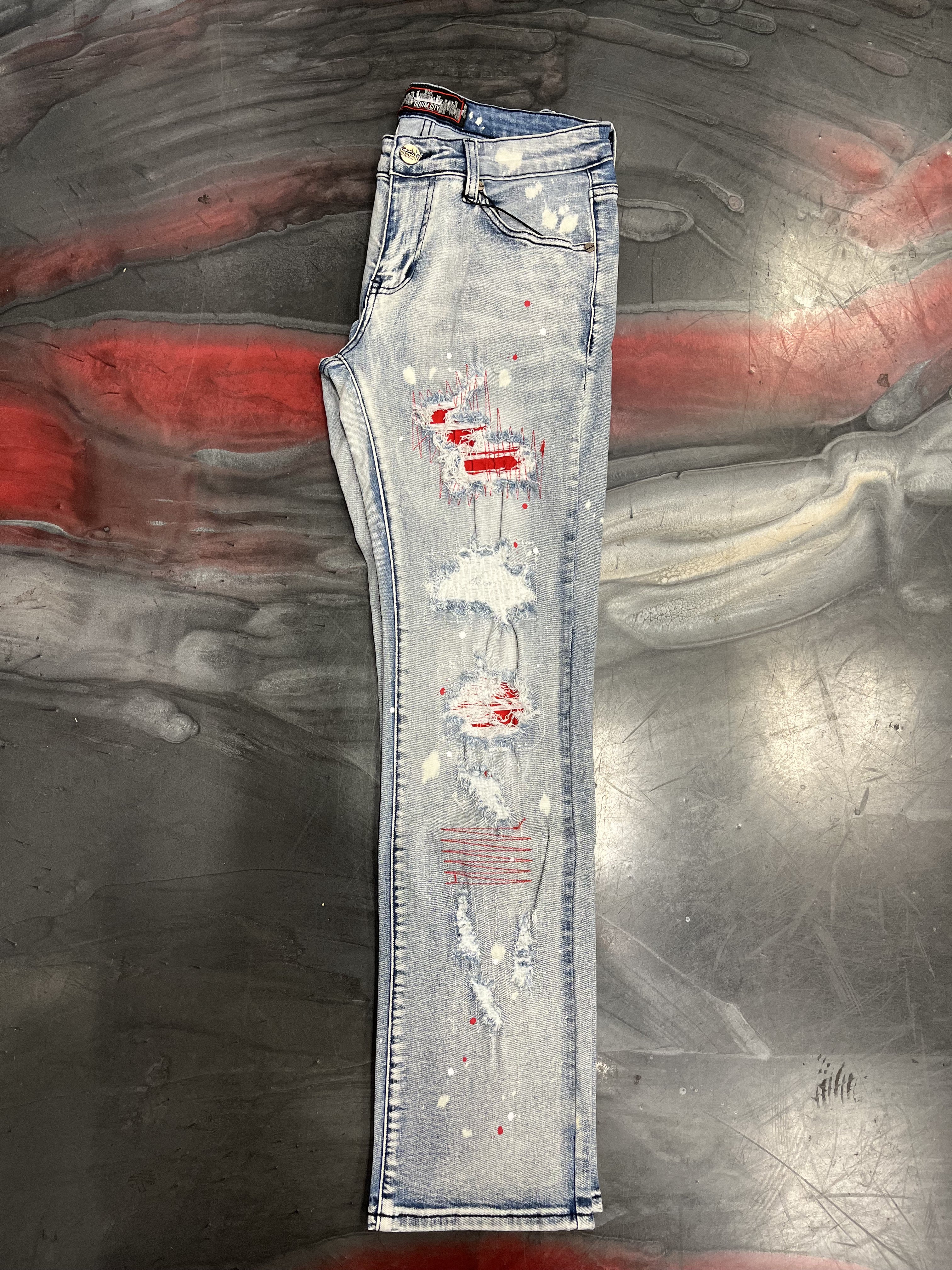 DENIMiCITY Rip & Repair Bleached Light Blue Wash Denim w/Red Stitches (DNM-K076)