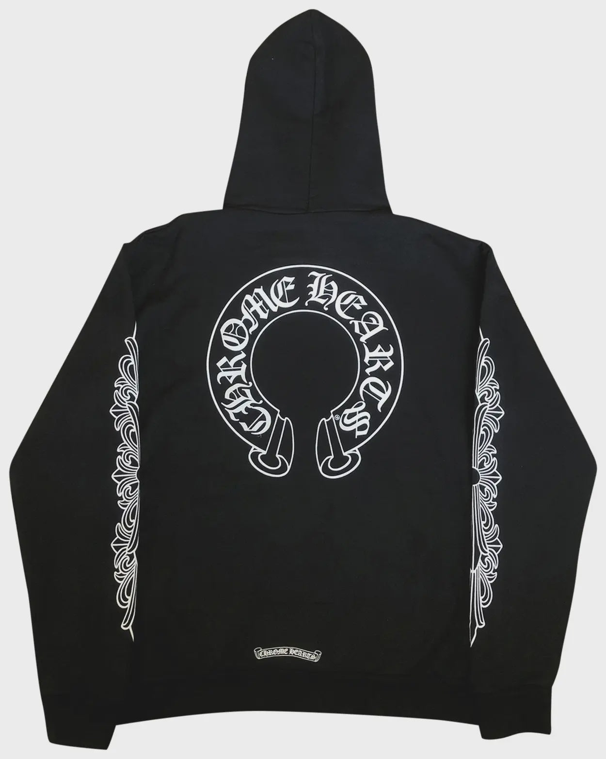 Black and white Chrome Hearts Horseshoe Floral Cross Sleeve Zip Up Hoodie with intricate design