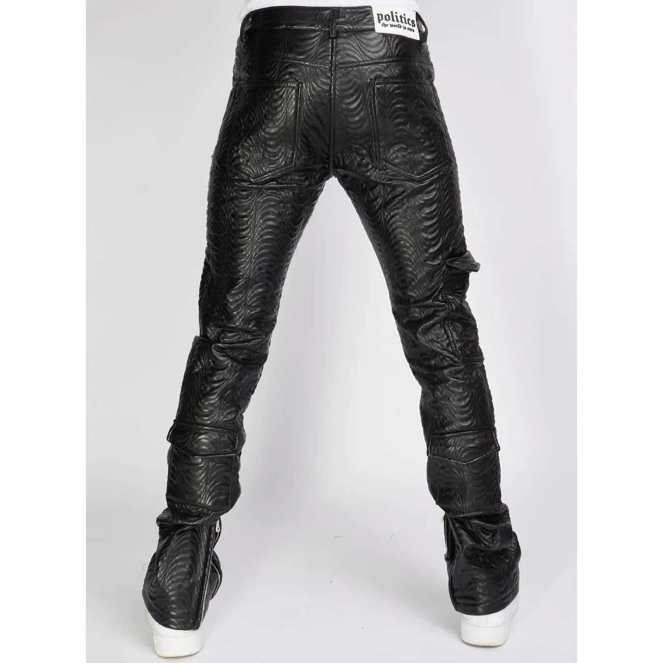 PLTKS Cargo PU Leather Stacked Black Jeans (Murphy551)