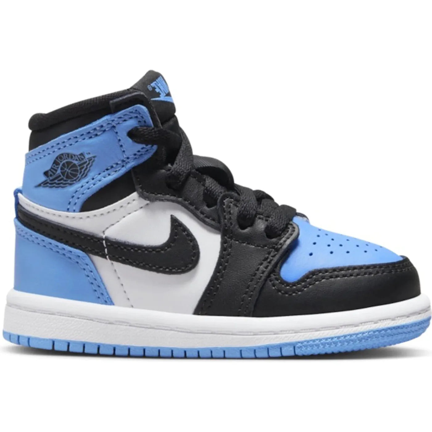 Close-up image of the Jordan 1 Retro High OG - UNC Toe (TD) (FD1413-400) toddler sneaker in blue and white colorway, featuring iconic Nike swoosh and premium leather material