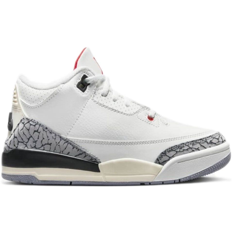 White and grey Jordan 3 Retro sneakers for kids with cement print