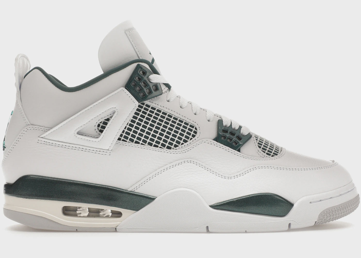 Close-up image of the Jordan 4 Retro Oxidized Green sneakers (FQ8138-103), featuring a white and green colorway with visible air unit in the heel and Jumpman logo on the heel tab