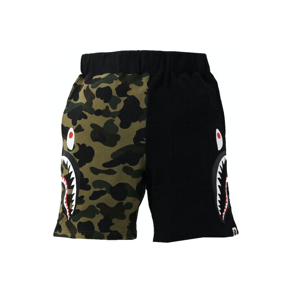 BAPE 1st Camo Half Side Shark Sweat Shorts - Green