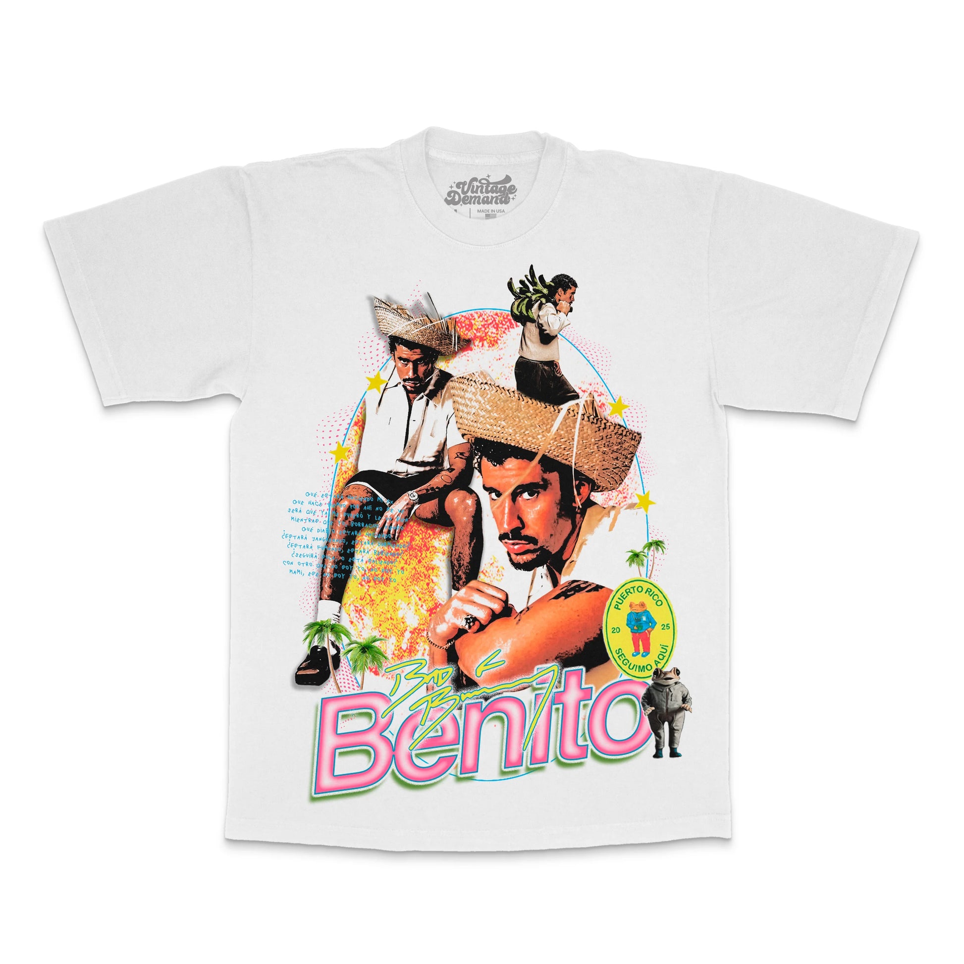 White cotton Benito vintage demand tee featuring jumbo print and 65 OZ fabric