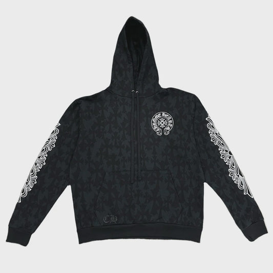 Chrome Hearts Cemetery Cross Allover Print With Horseshoe Logo Pullover Hoodie - Black