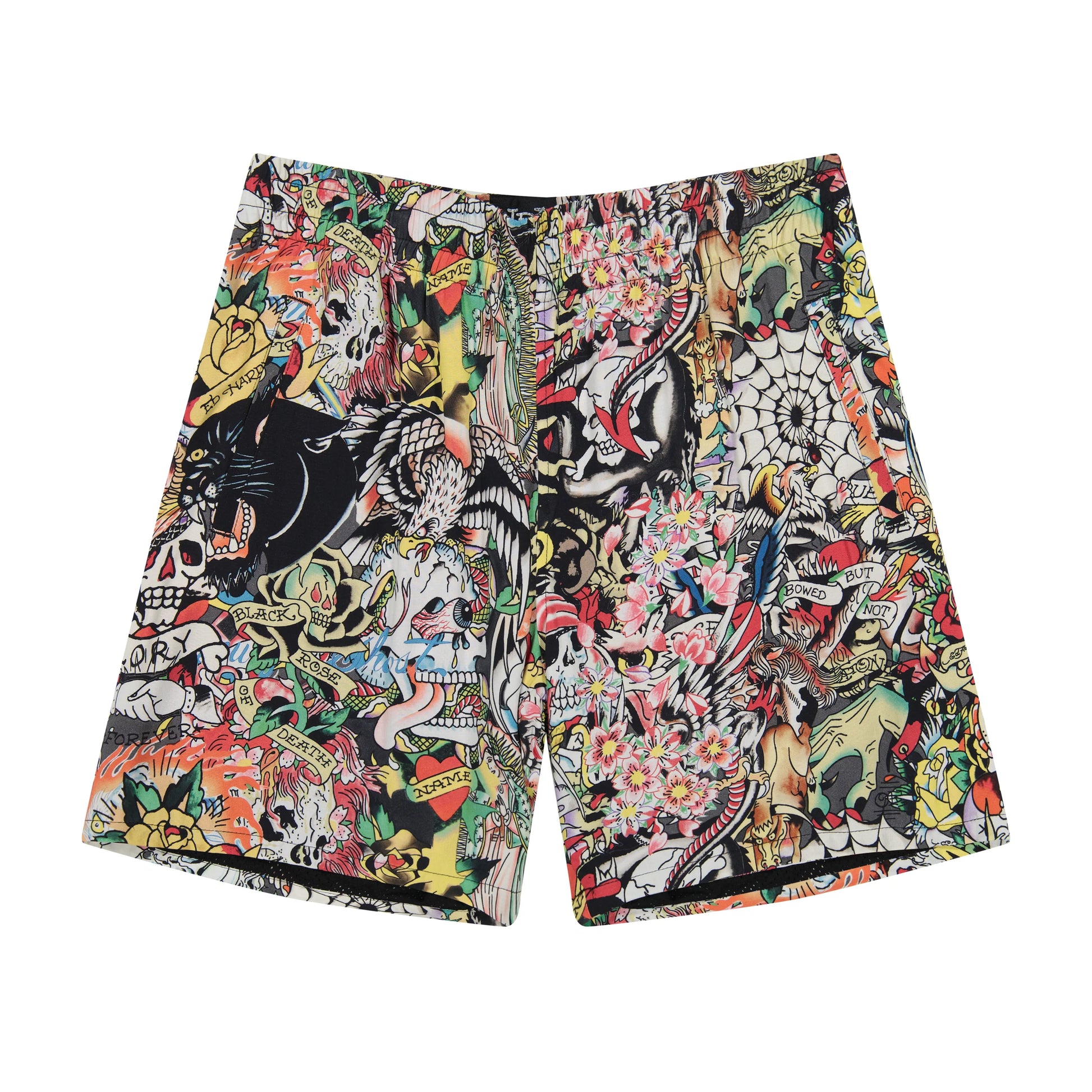 Fashionable multi-colored shorts featuring an array of Ed Hardy tattoo designs on a collage print