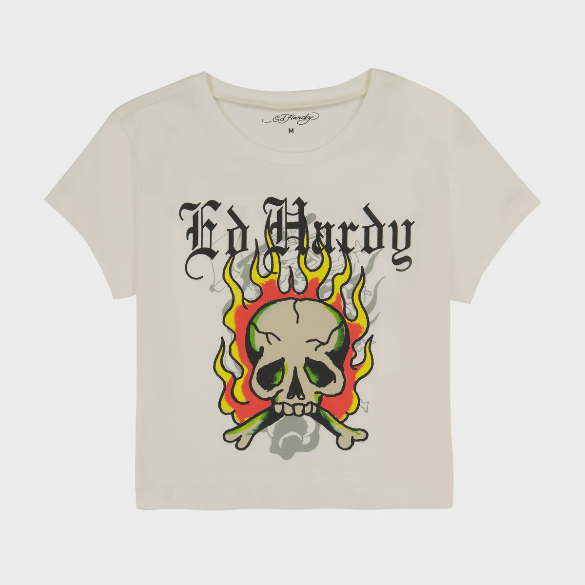 Stylish Ed Hardy Rhinestone Flame Skull Short Sleeve Tee in Ivory