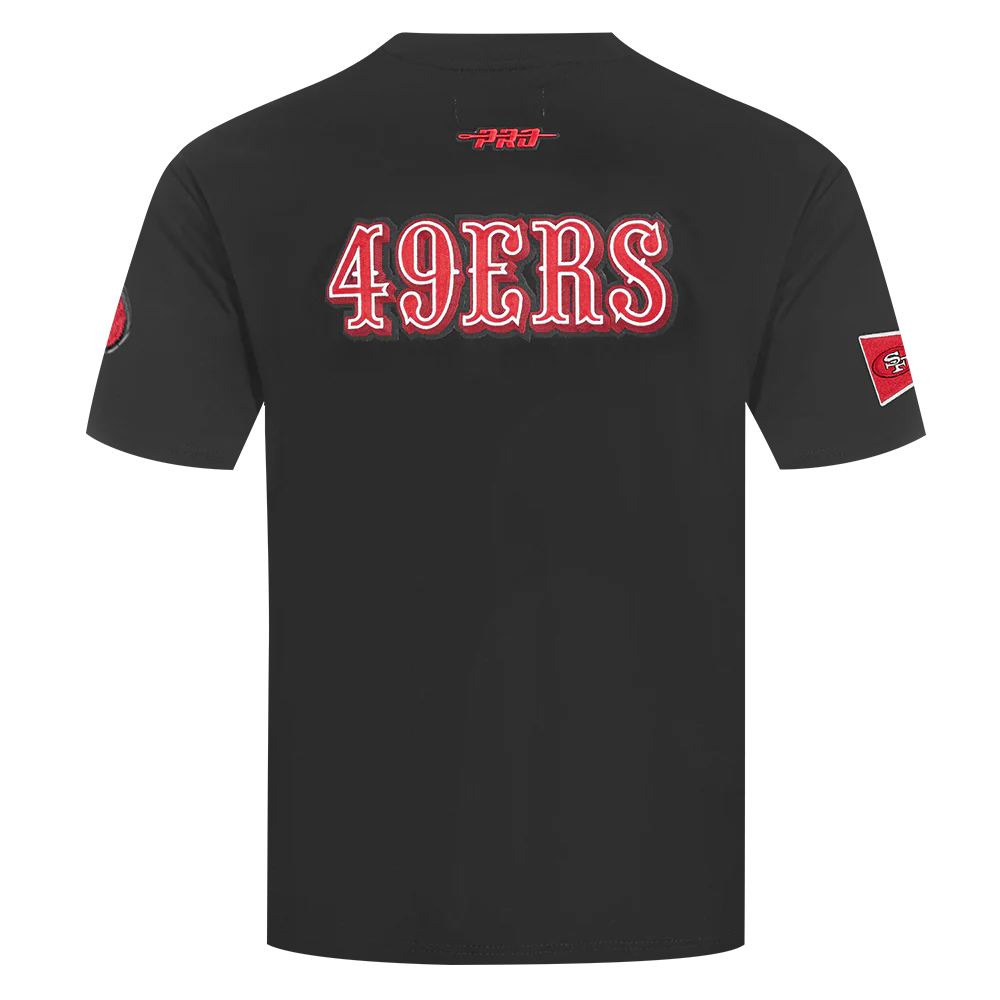 Close-up of the Pro Standard San Francisco 49ers Best Of Men's T-shirt with drop shoulder design in black