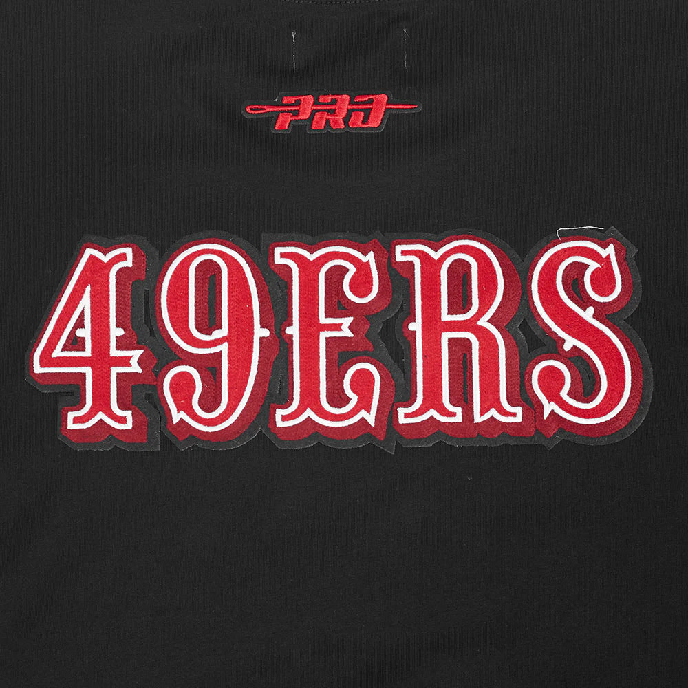 Side angle showing the relaxed fit and drop shoulder cut of the San Francisco 49ers Men's T-shirt in black