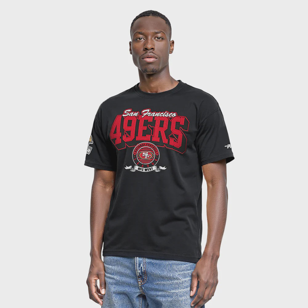 San Francisco 49ers team badge graphic on black Pro Standard T-shirt for fans