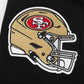 Detailed image of San Francisco 49ers team badge printed on black Pro Standard T-shirt
