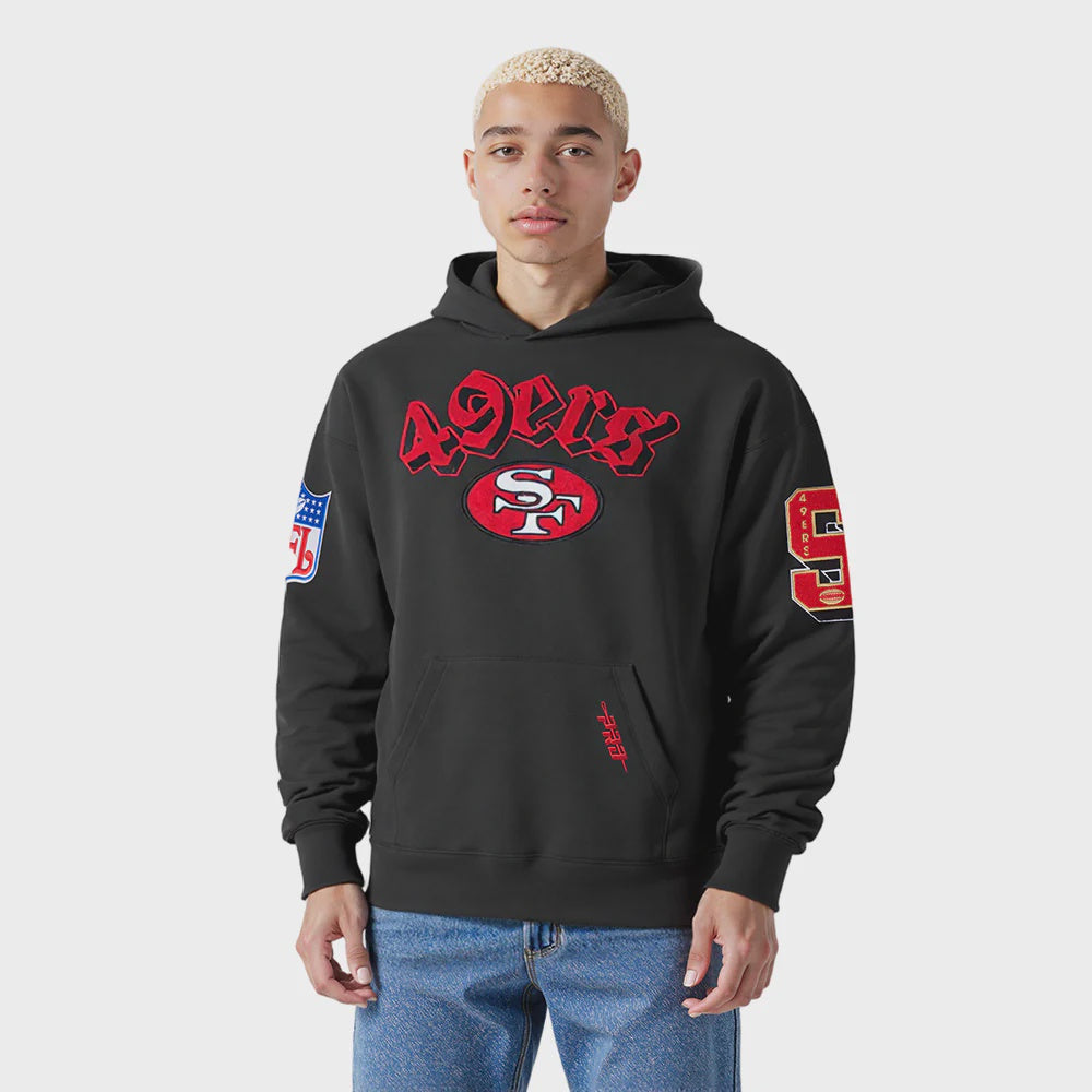 Pro Standard San Francisco 49ers black pullover hoodie with drop shoulder design