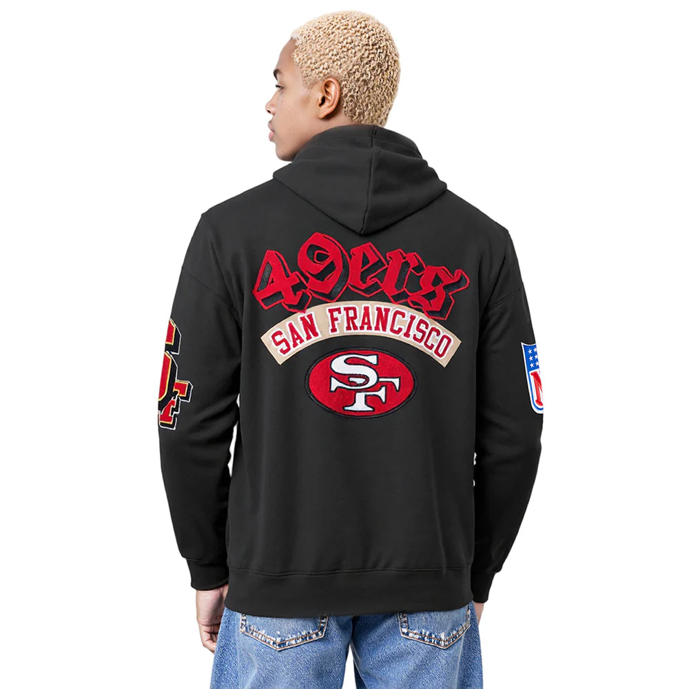 Men's black FLC pull over hoodie featuring San Francisco 49ers logo and stylish fit