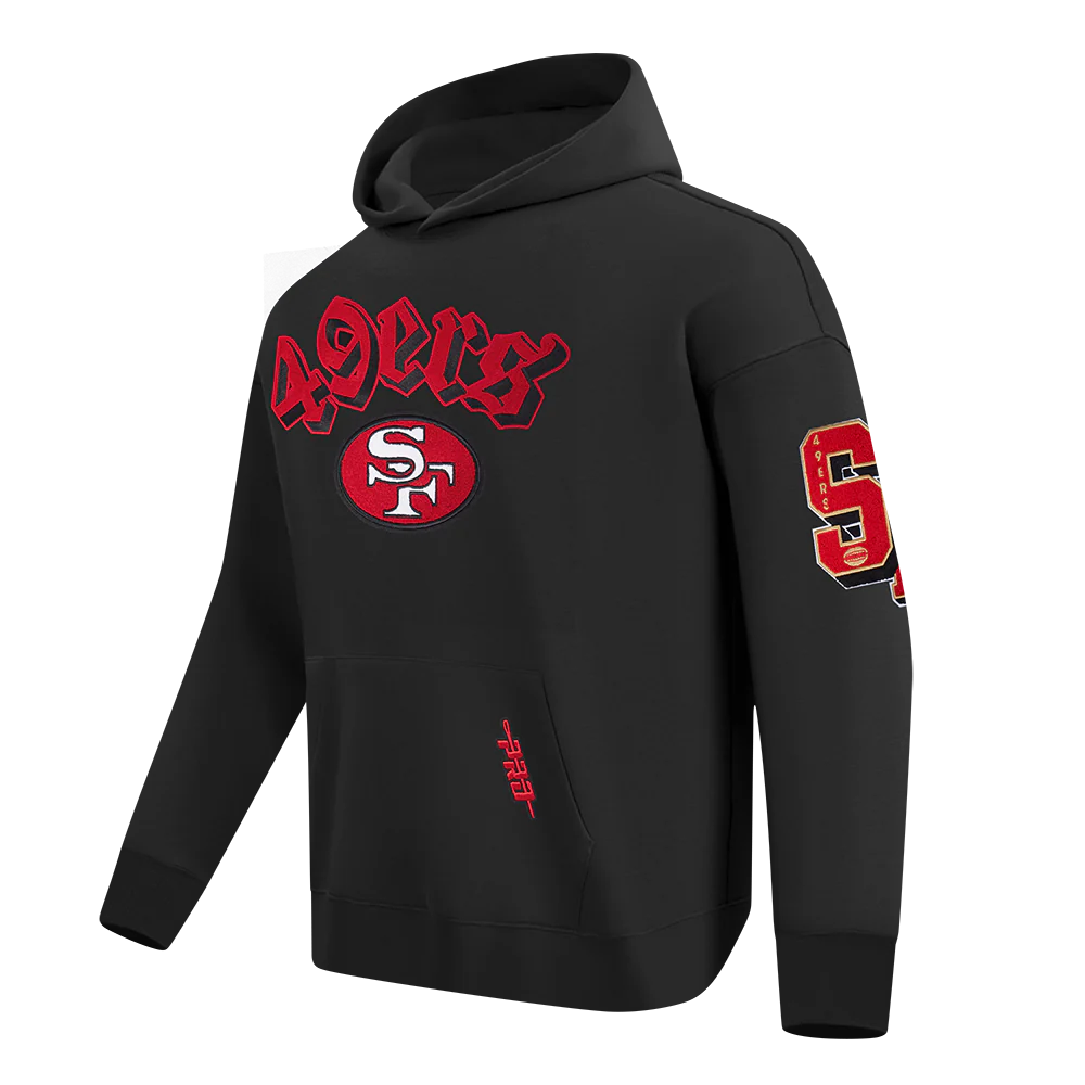 Black Pro Standard hoodie showcasing 49ers branding with comfortable drop shoulder cut