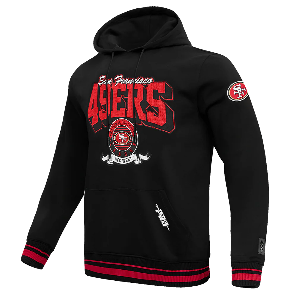 Front view of the black and red Pro Standard San Francisco 49ers hoodie with ribbed cuffs and hem
