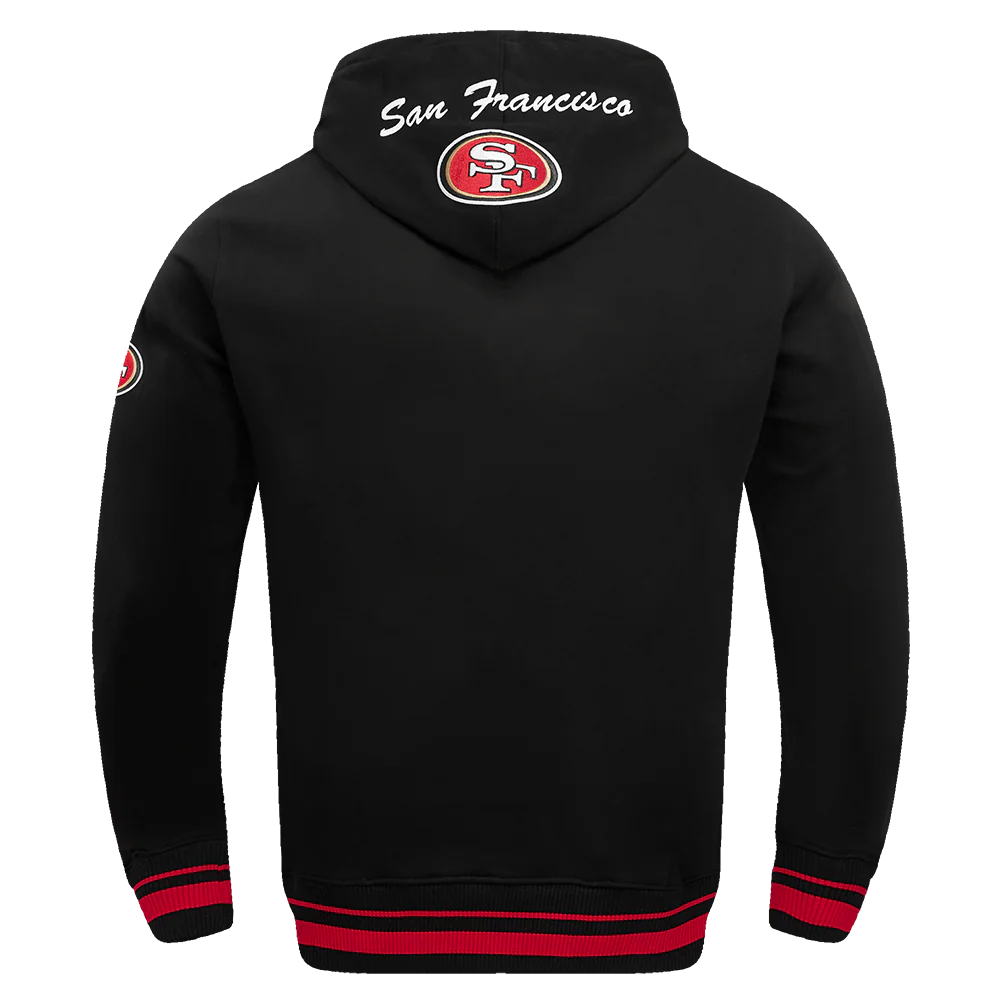 Close-up of the black/red/black Pro Standard 49ers hoodie featuring team badge emblem on chest