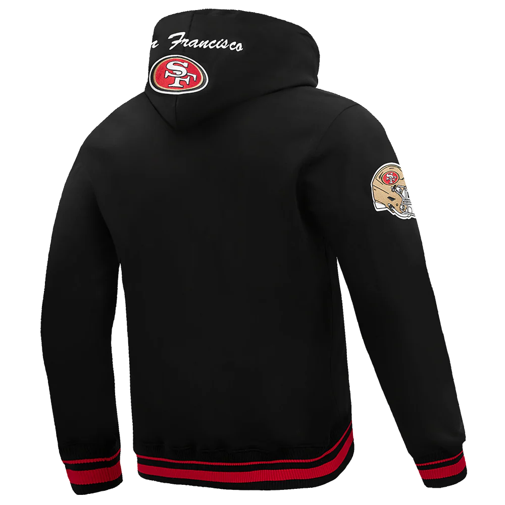 Detail of the ribbed crewneck collar on the San Francisco 49ers Pro Standard pullover hoodie