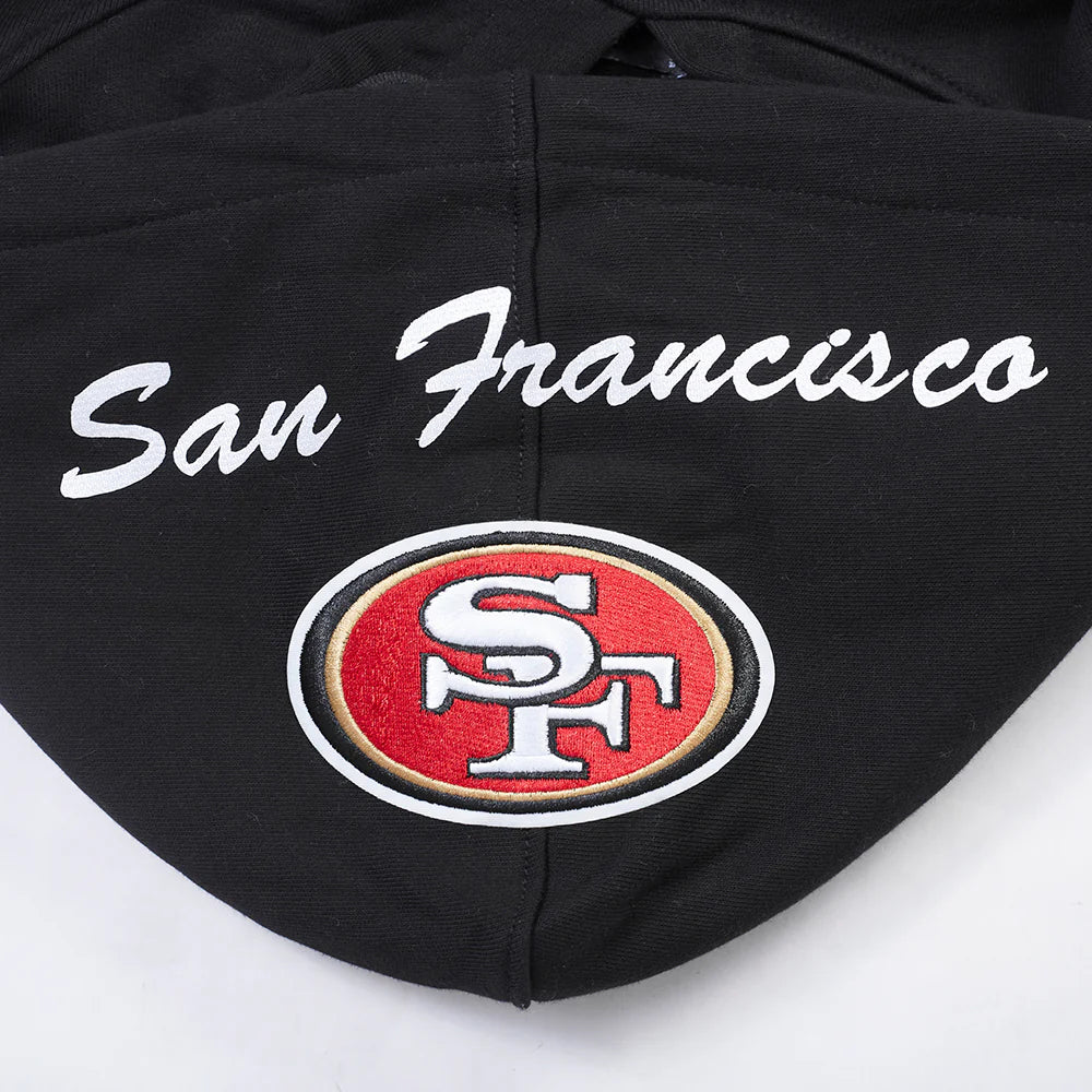 Side profile showcasing the relaxed fit and bold team colors of the 49ers hoodie