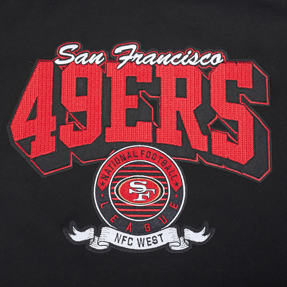 Zoomed-in image of the San Francisco 49ers team badge embroidered on the chest of the hoodie
