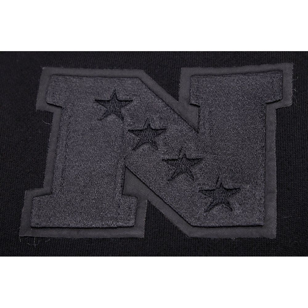 Full length of the black San Francisco 49ers hoodie displaying its casual and stylish drop shoulder design