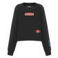 Close-up of the black Wingspan Women's Crewneck showcasing the San Francisco 49ers logo and detailed stitching
