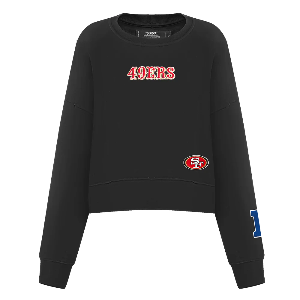 Close-up of the black Wingspan Women's Crewneck showcasing the San Francisco 49ers logo and detailed stitching