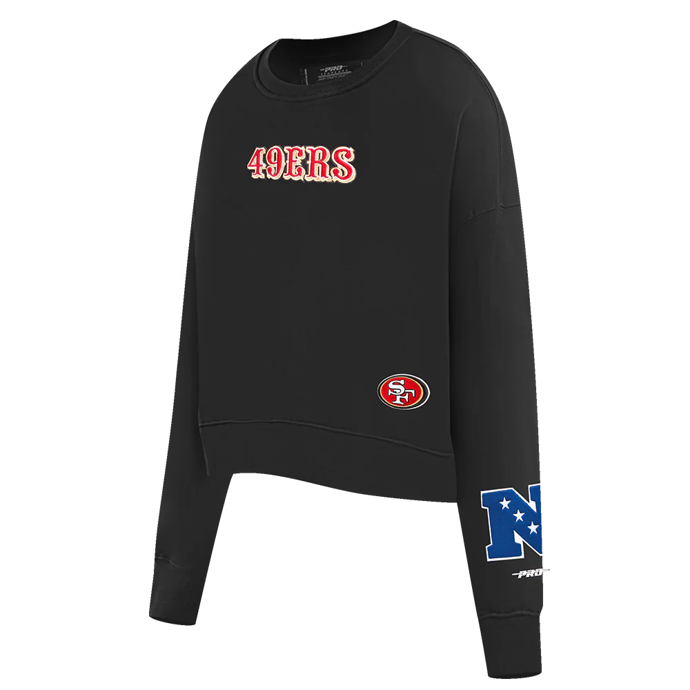 Front of the black Wingspan Women's Crewneck highlighting the San Francisco 49ers logo centered on the chest