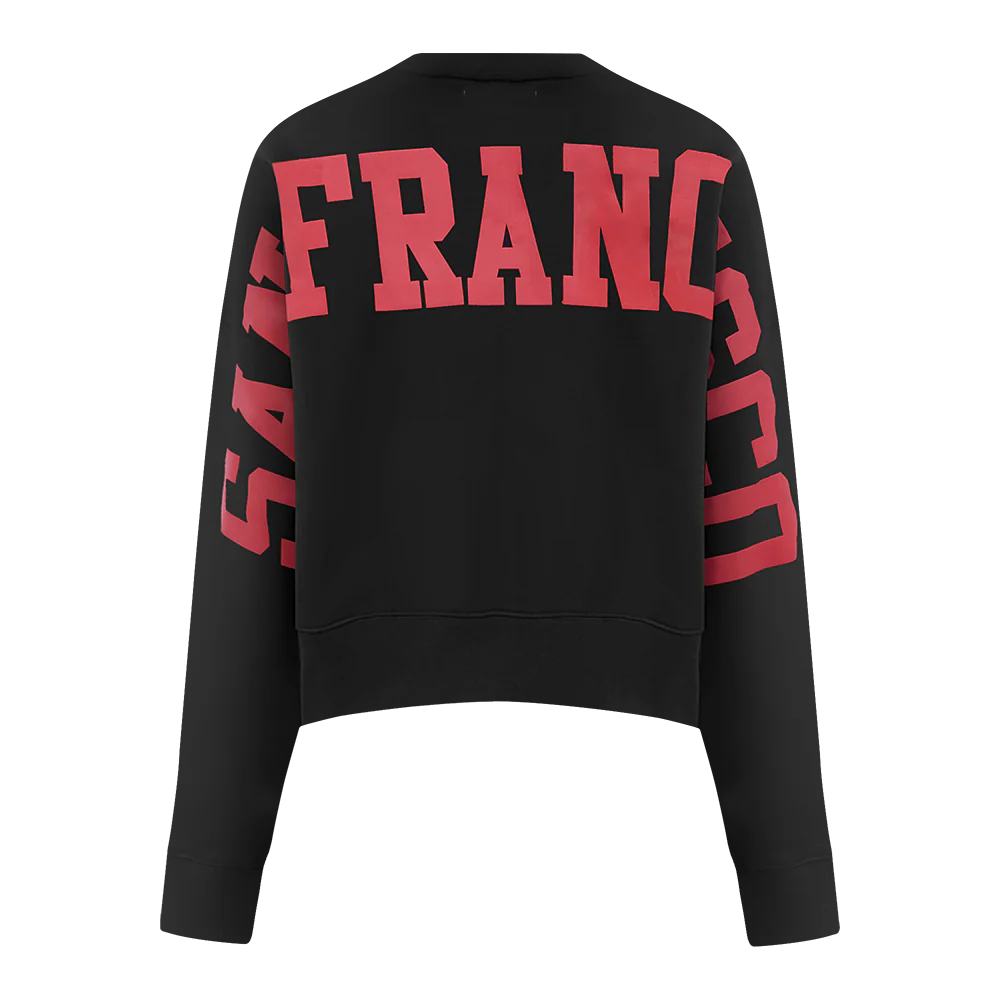 Full view of the Pro Standard San Francisco 49ers Wingspan Women's Crewneck in black with team branding prominently displayed