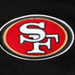 Detail shot of the San Francisco 49ers logo and Wingspan design on the front of the black crewneck