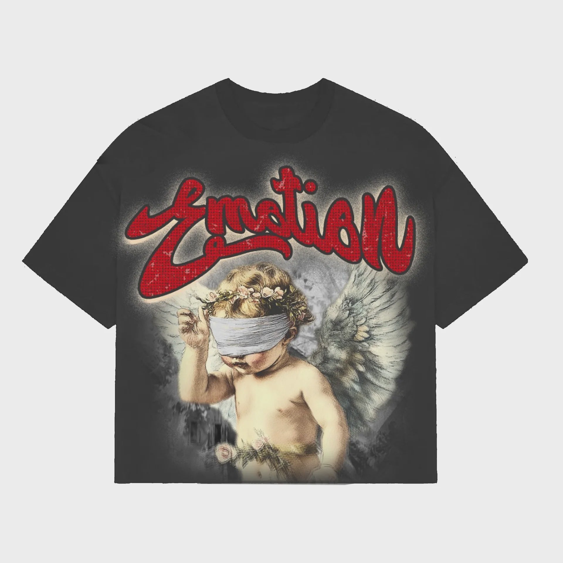 Mixed Emotion Rhinestone Cupid Cropped Grey Tee with detailed rhinestone design and true-to-size fit