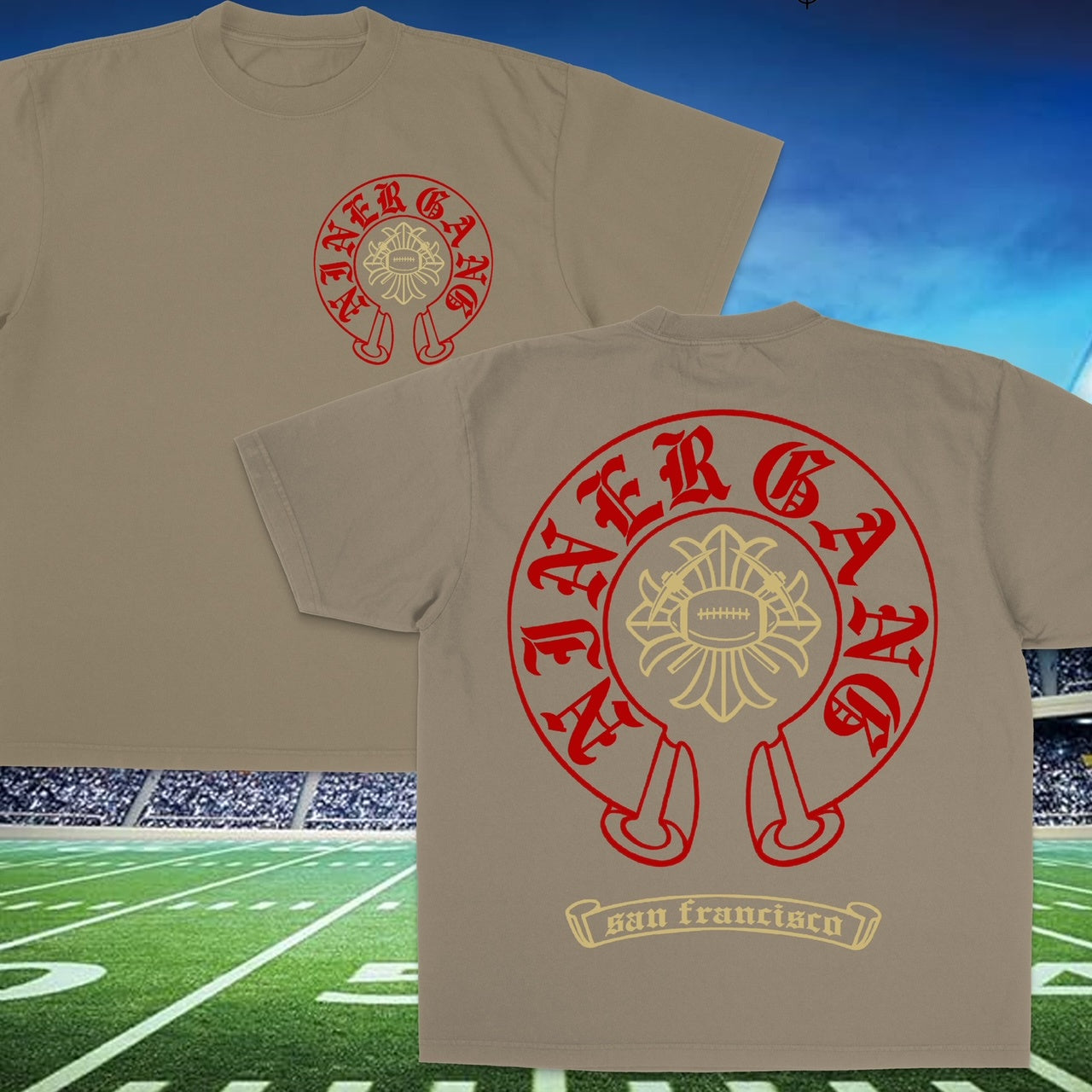 Beige and red Niner Gang San Francisco CH Tee showcasing team pride