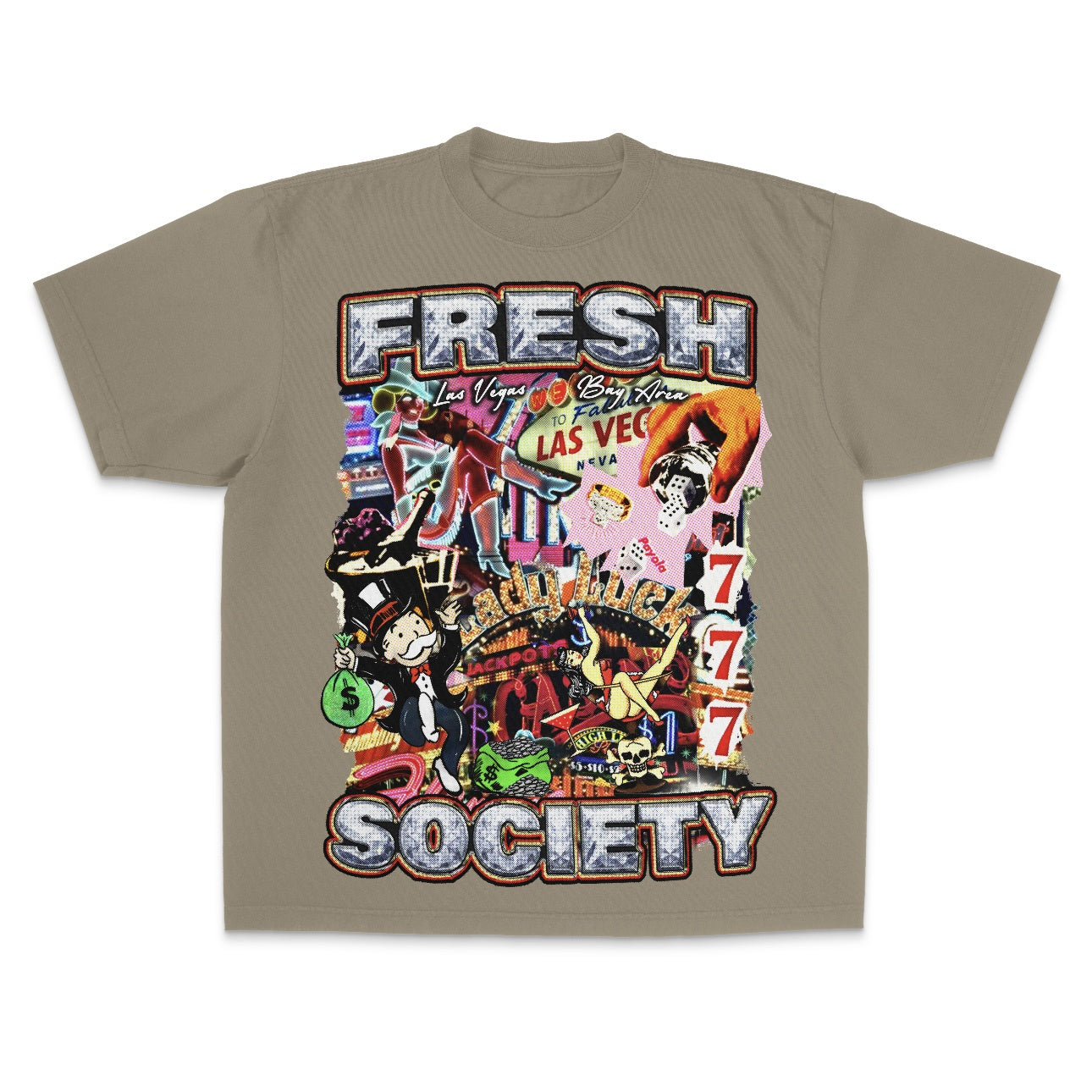 Long descriptive image of the Sneaker Con 2025 Tan Tee featuring front and back designs on a premium tee, representing the Sneaker Con event in Las Vegas