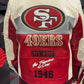 Pro Standard San Francisco 49ers egg-shell and red moto jacket featuring team branding and durable material