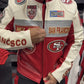 San Francisco 49ers men's moto jacket in eggshell and red with team logo and stylish design