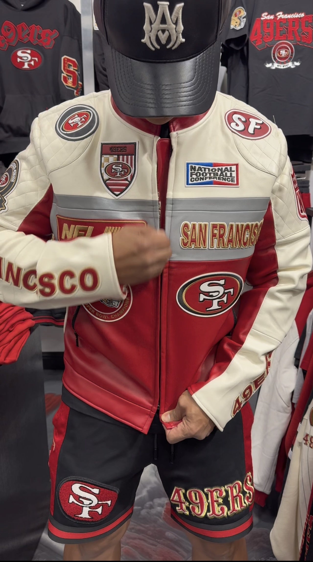 San Francisco 49ers men's moto jacket in eggshell and red with team logo and stylish design