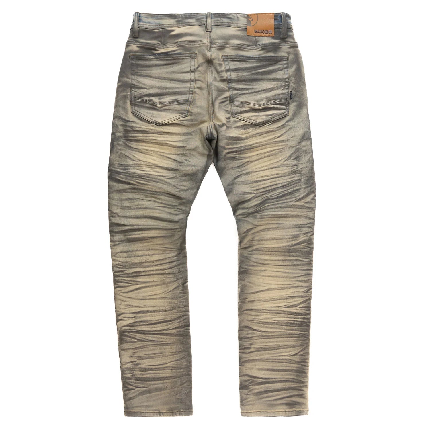 Detail shot of Makobi Toronto Dirt Denim Jeans (M1921) displaying distressed details and authentic denim look