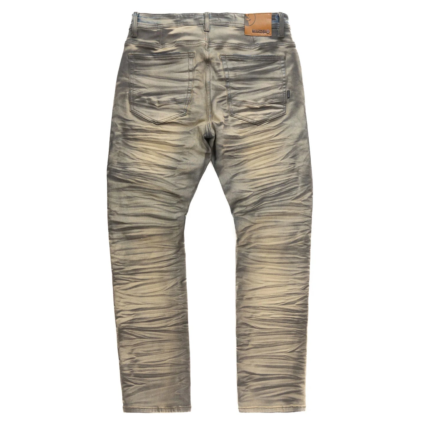 Detail shot of Makobi Toronto Dirt Denim Jeans (M1921) displaying distressed details and authentic denim look