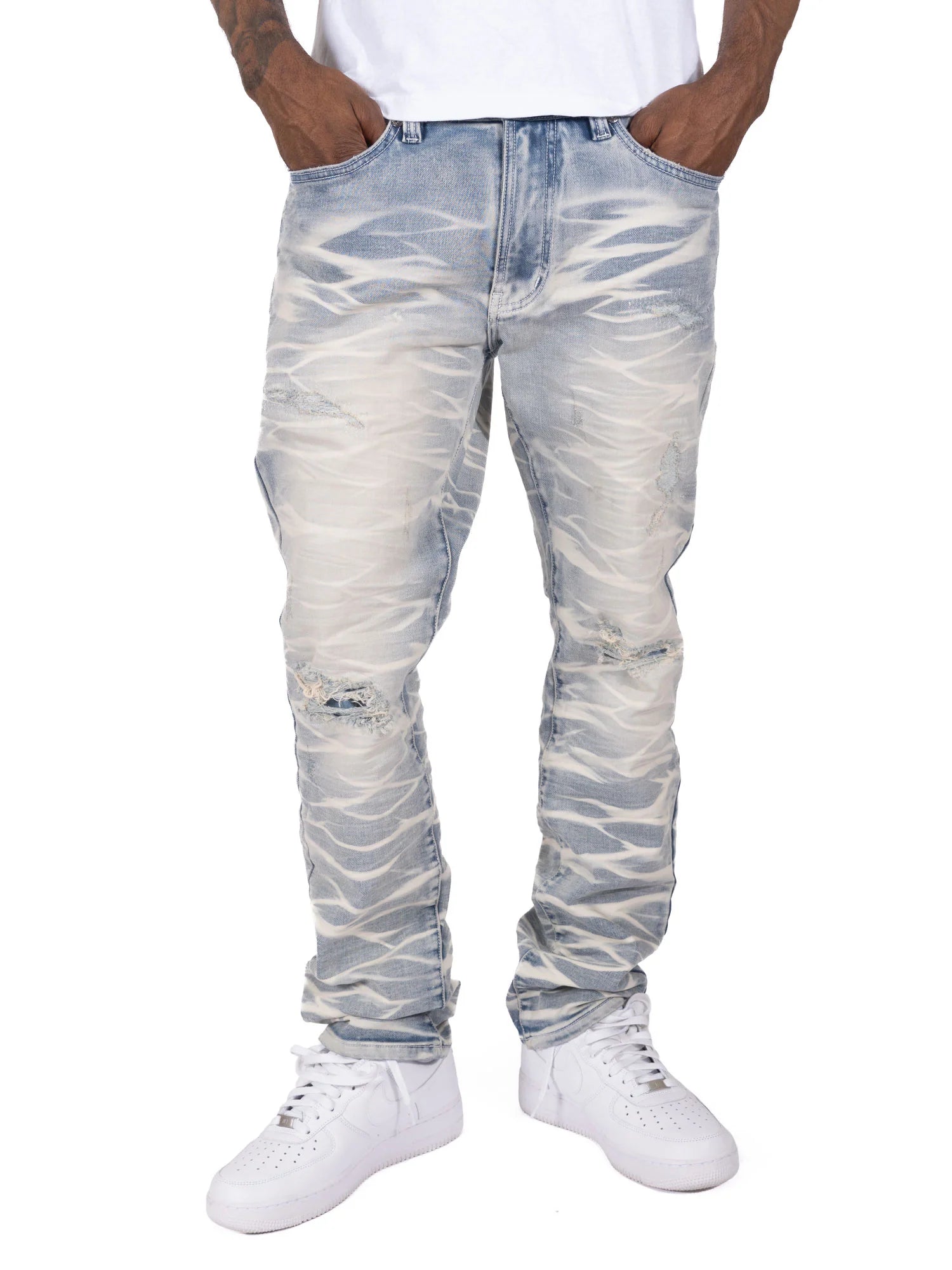 Close-up of the Makobi Toronto Light Wash Denim Jeans showcasing the detailed stitching and light wash finish