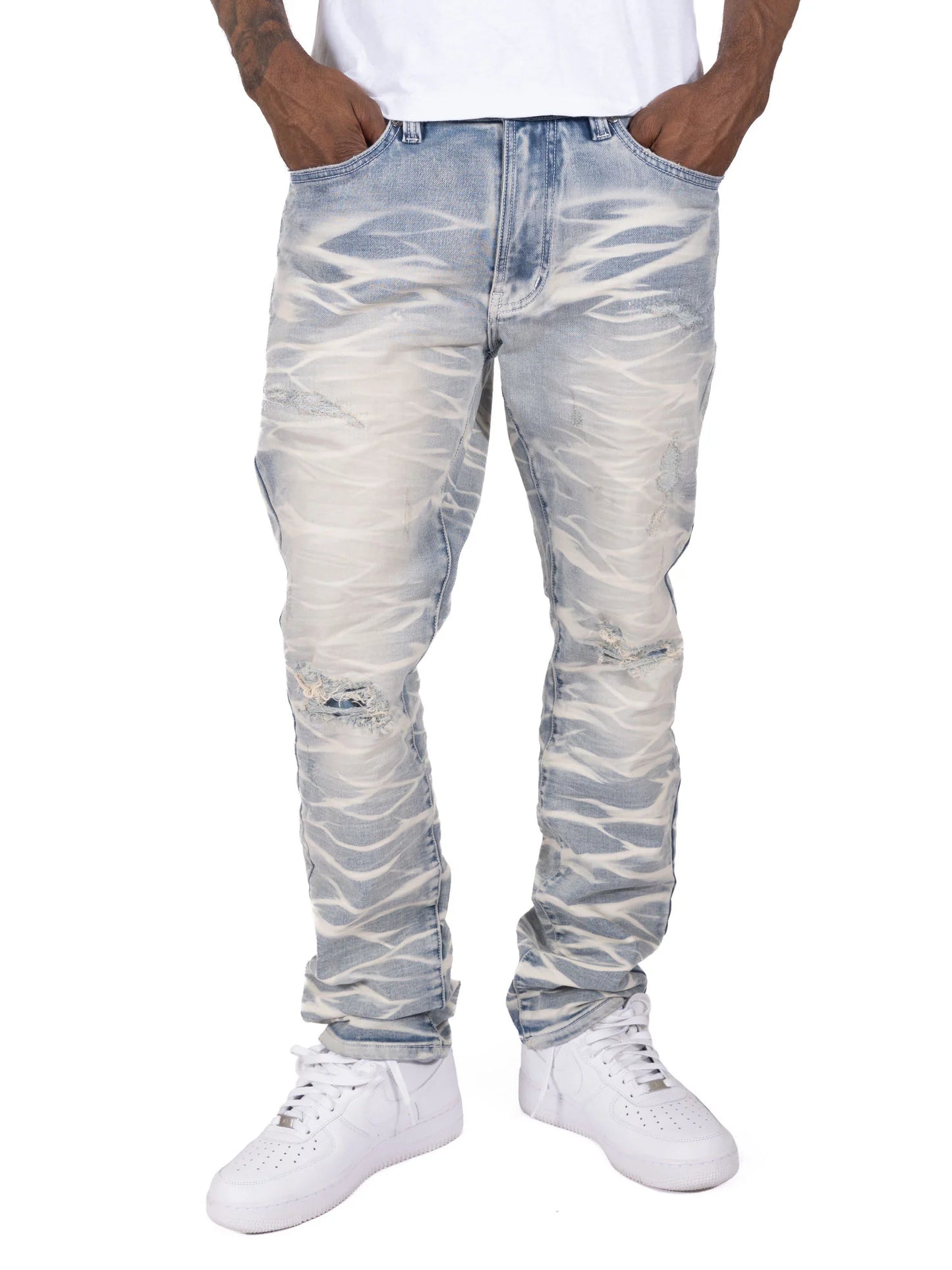 Close-up of the Makobi Toronto Light Wash Denim Jeans showcasing the detailed stitching and light wash finish