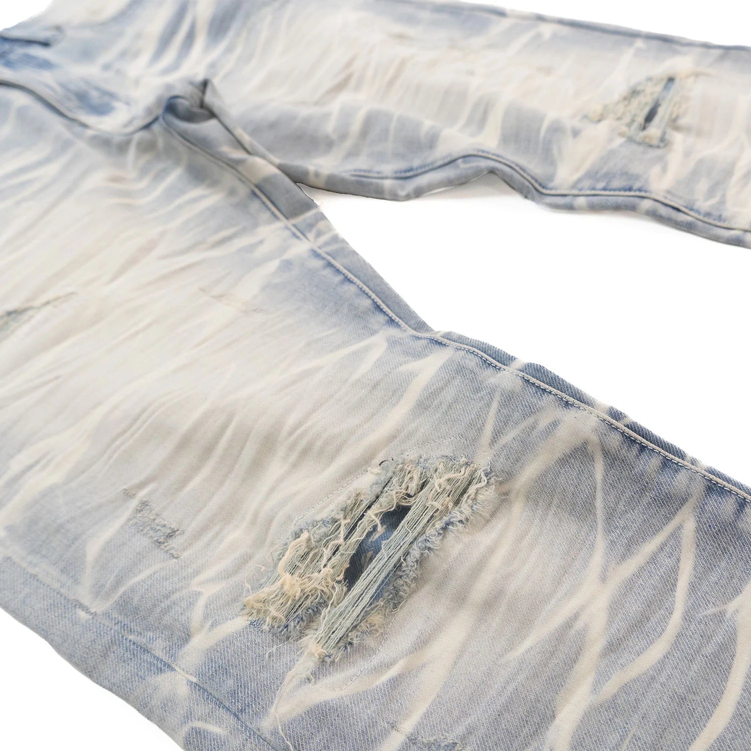 Detail shot of the Makobi Toronto Light Wash Denim Jeans emphasizing the quality denim material and light wash effect
