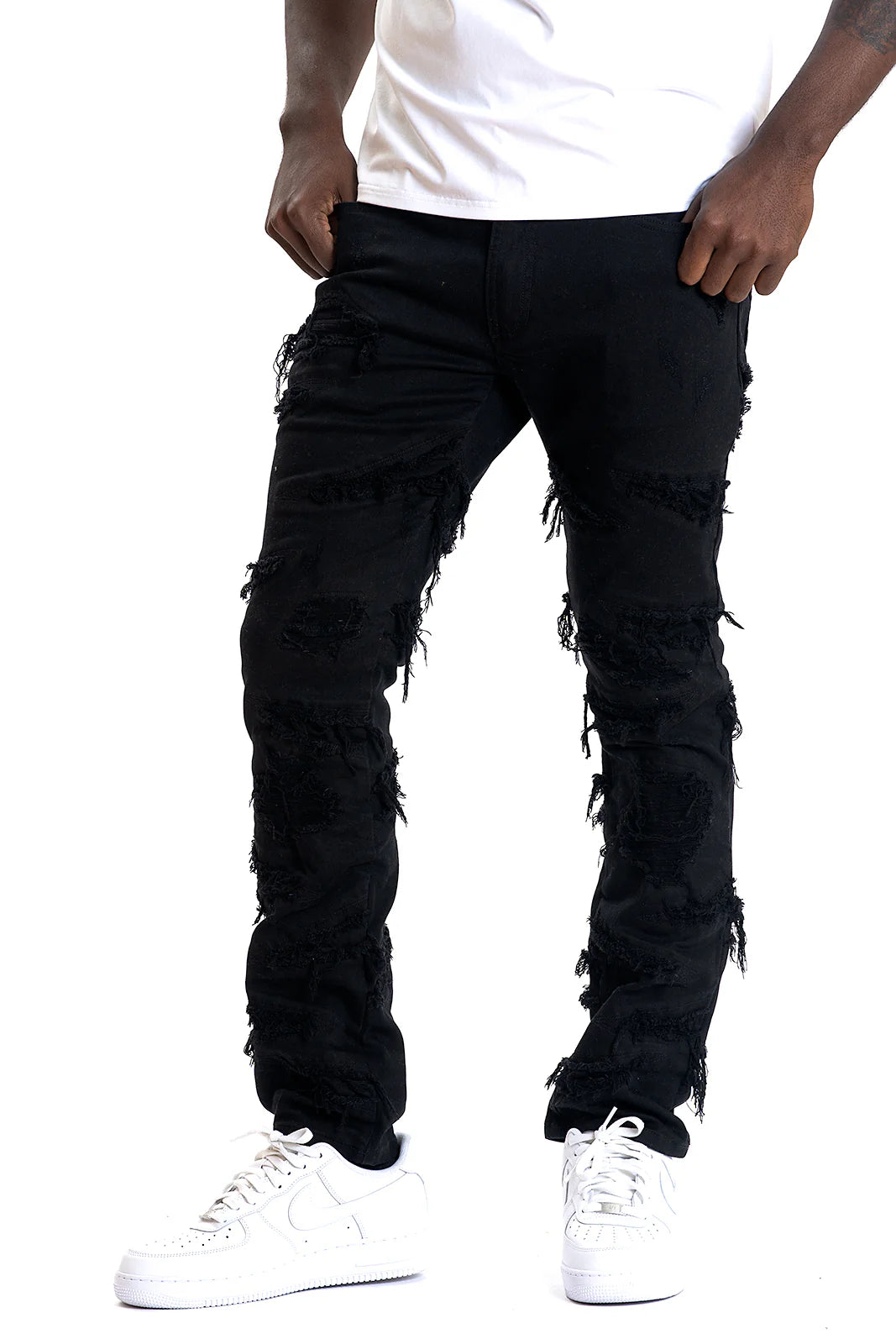 Close-up of Makobi Lombardi Jet Black Denim Jeans fabric texture