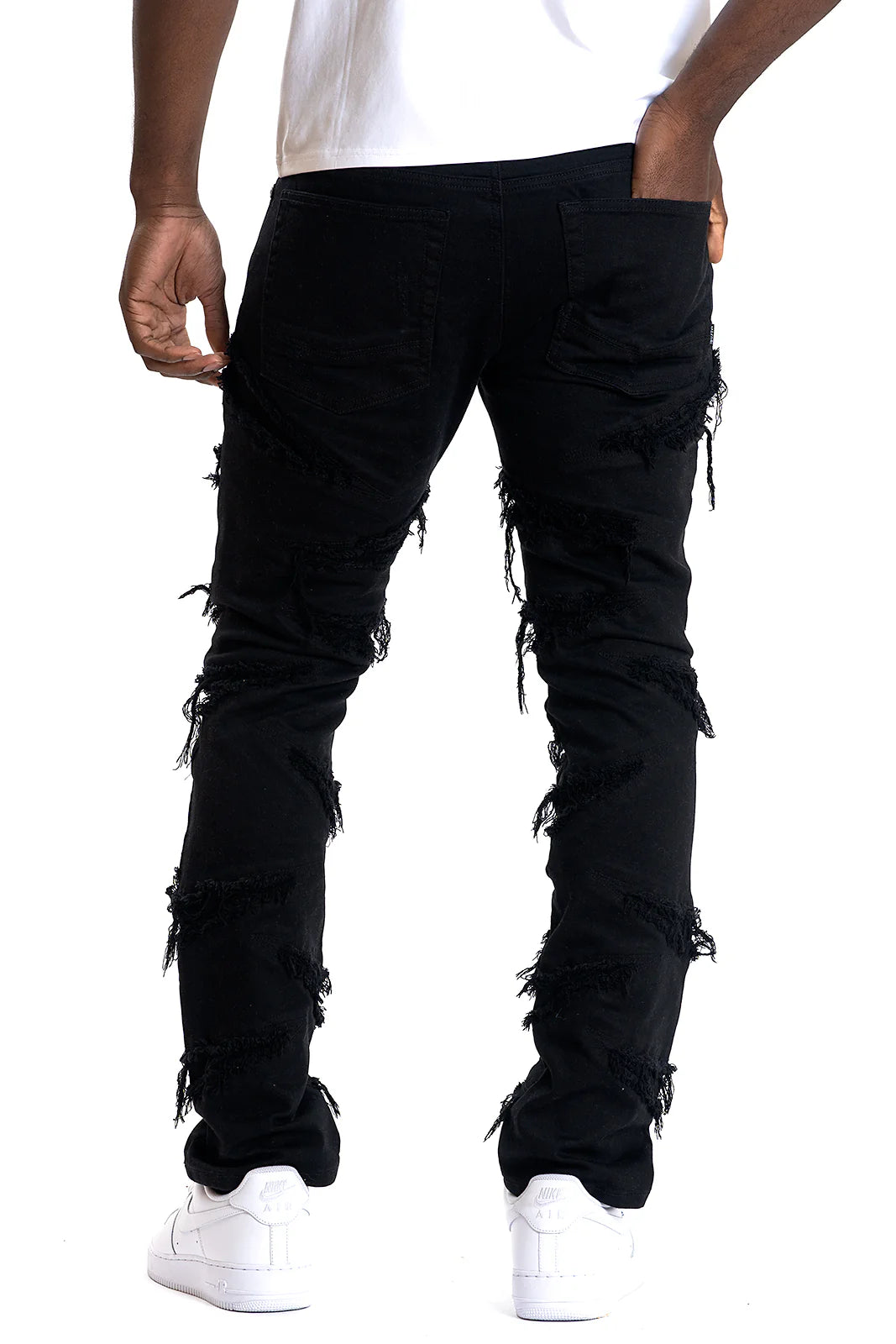 Back view of Makobi Lombardi Jet Black Denim Jeans with logo embroidery and pocket details