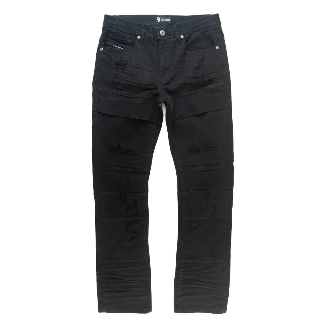 Close-up of Makobi Bruno Black Ripped Denim Jeans highlighting ripped and distressed fabric
