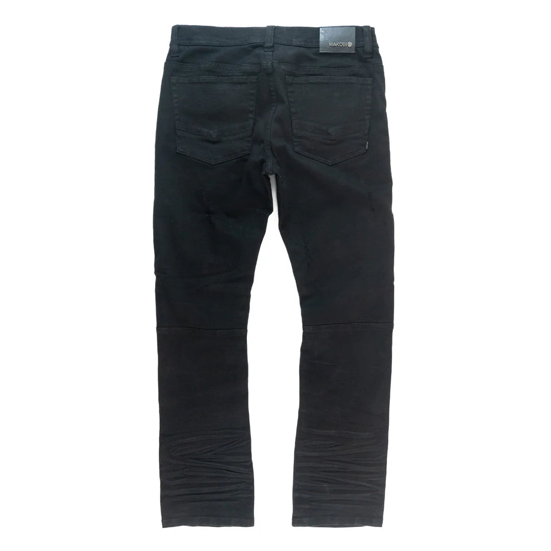 Full view of Makobi Bruno Black Ripped Denim Jeans featuring a slim fit silhouette