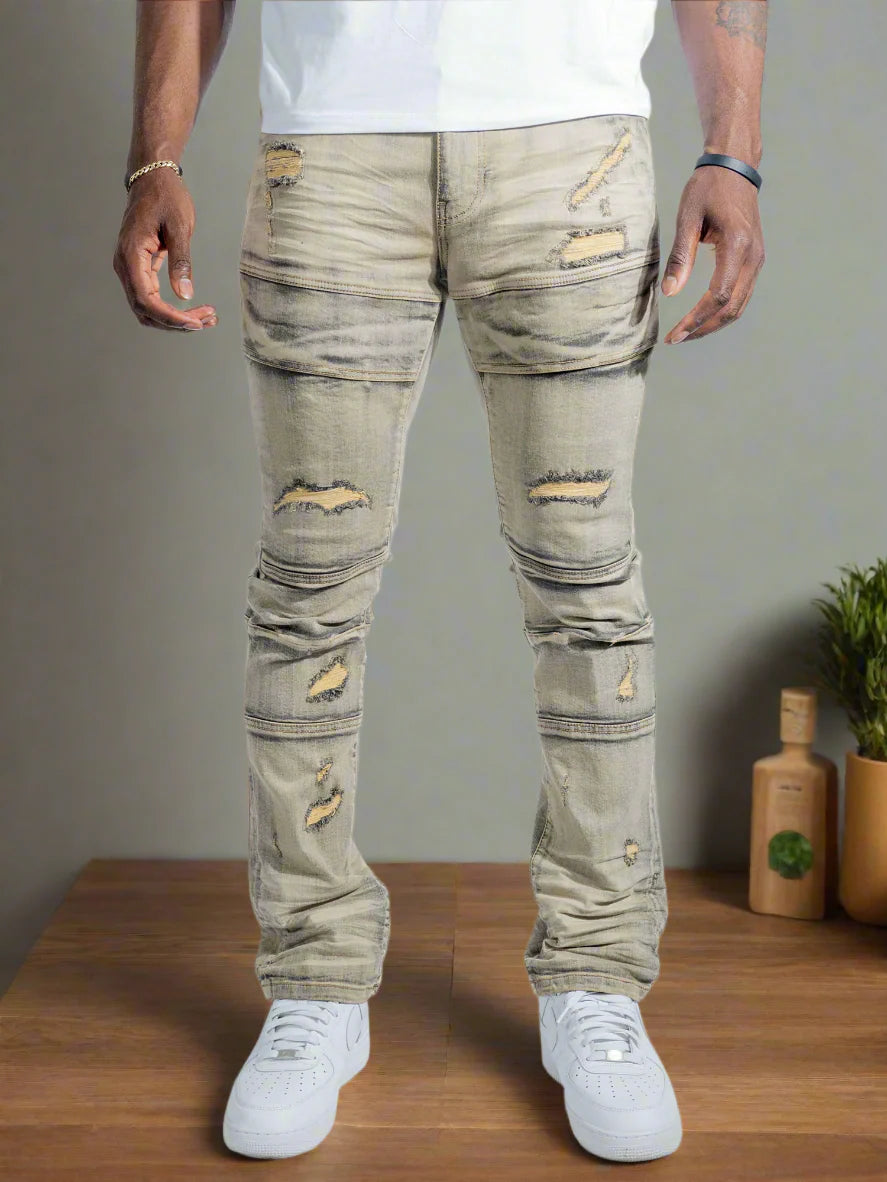Close-up of Makobi Bruno Dirt Ripped Denim Jeans highlighting ripped details and durable fabric